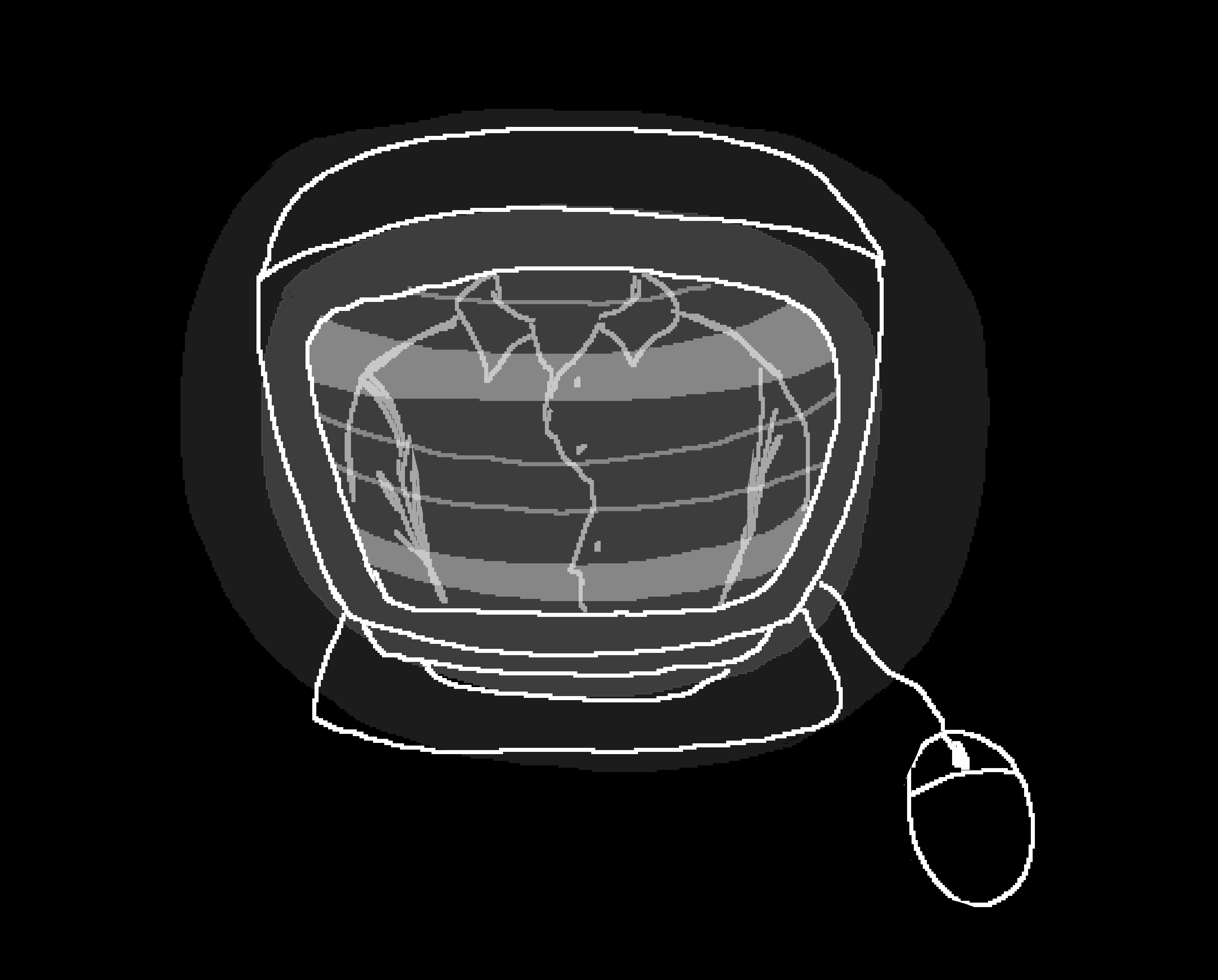 A black and white computer screen reflecting the torso of a person wearing a white button up, assumed to be 787878.